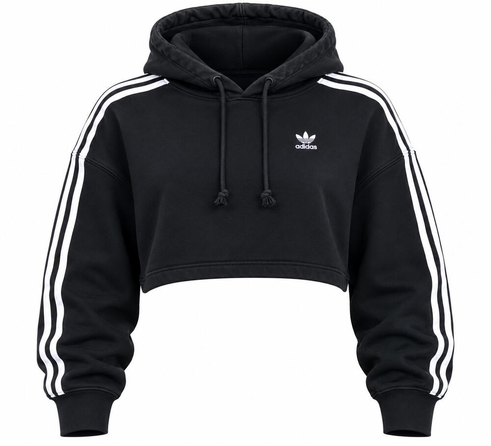 Adidas Originals Womens Cropped Hoodie Black White Trefoil 3-Stripe Size Small